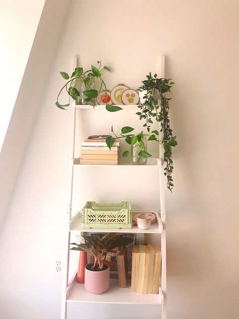 White ladder shelf with boho pastel eclectic style and plants, books, colorful crates, embroidery Aesthetic Ladder Shelf, Ladder Shelf Aesthetic, Ladder Shelf Decor Bedroom, Ladder Shelf Decor, Shelf Decor Bedroom, Room Organization Bedroom, Pastel Boho, Spring Bedroom, Homemade Home Decor