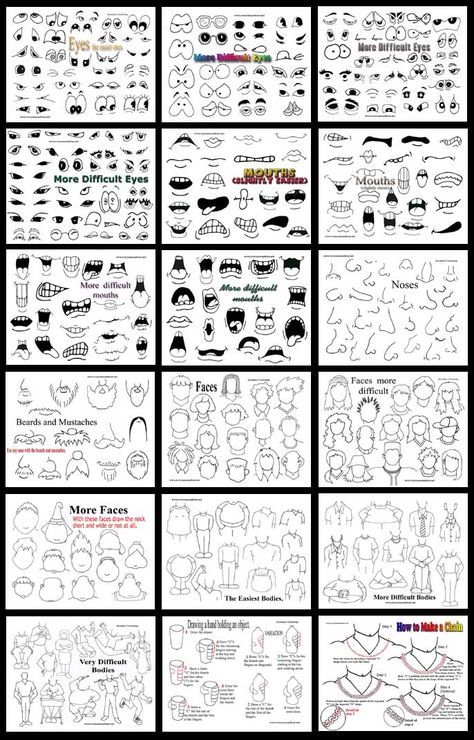 How to Draw Cartoons. Mix and Match Features to Create your own Cartoons. Create Your Own Cartoon, How To Draw Cartoons, Draw Cartoons, Art Handouts, Draw Tutorial, Comic Ideas, Stencils Printables, Art Worksheets, Cartoon Eyes