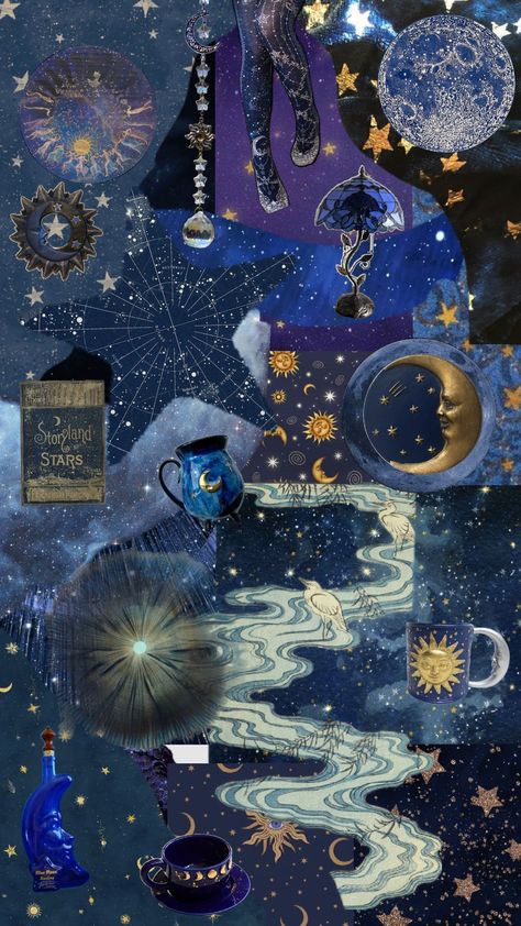 #space #whimsical #whimsigoth #celestial #darkblue Whimsical Celestial, Blue And Gold Wallpaper, Cute Goth, Goth Wallpaper, Season Of The Witch, Gold Wallpaper, Pretty Wallpapers Backgrounds, Halloween Wallpaper, Phone Themes