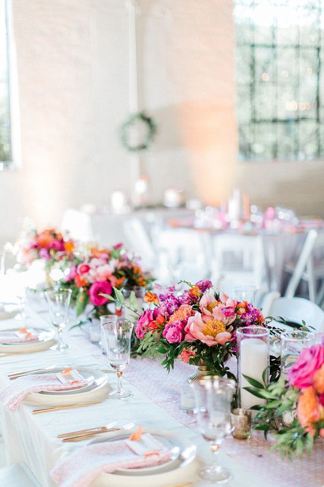 Lantern Wedding Decor, Hot Pink Wedding Flowers, Colorful Reception, Peach Wedding Decorations, Pink Wedding Receptions, Orange And Pink Wedding, Orange Wedding Colors, Geometric Lantern, Lantern Wedding