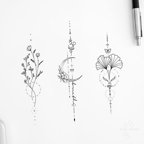 Available designs // Moscow • Booking open Open for commissions / designs • link in bio • . . . #geometrictattoo #geometricart… | Instagram Moon Flower Spine Tattoo, Unalome Tattoo Symbols, Bali Inspired Tattoo, Sakura Tattoo Design, Flower Sternum Tattoo, Sternum Tattoo Design, Symbols Tattoo, Spine Tattoo Ideas, Upper Back Tattoos