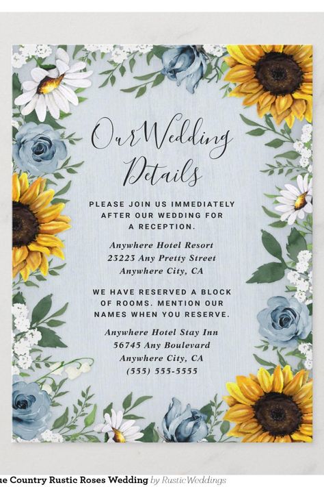 Sunflower Dusty Blue Country Rustic Roses Wedding Enclosure Card Dusty Blue And Sunflower Wedding, Blue And Sunflower Wedding, Blue Sunflower Wedding, Sunflower Theme, Sunflower Themed Wedding, Wedding Enclosure Cards, Roses Wedding, Sunflower Wedding, Theme Wedding