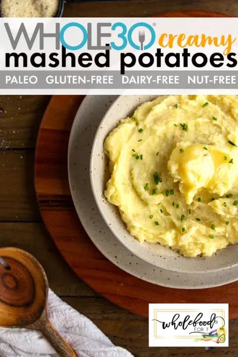 Whole30 Creamy Mashed Potatoes - Gluten-free, dairy-free, paleo, EASY (of course nut-free and egg-free too!) Dairy Free Gluten Free Mashed Potatoes, Gluten Dairy Free Mashed Potatoes, Whole30 Mashed Potatoes, Gluten And Dairy Free Mashed Potatoes, Gluten Free Dairy Free Mashed Potatoes, Dairy Free Potatoes Recipes, Best Dairy Free Mashed Potatoes, Mashed Potatoes Recipe Dairy Free, Paleo Mashed Potatoes