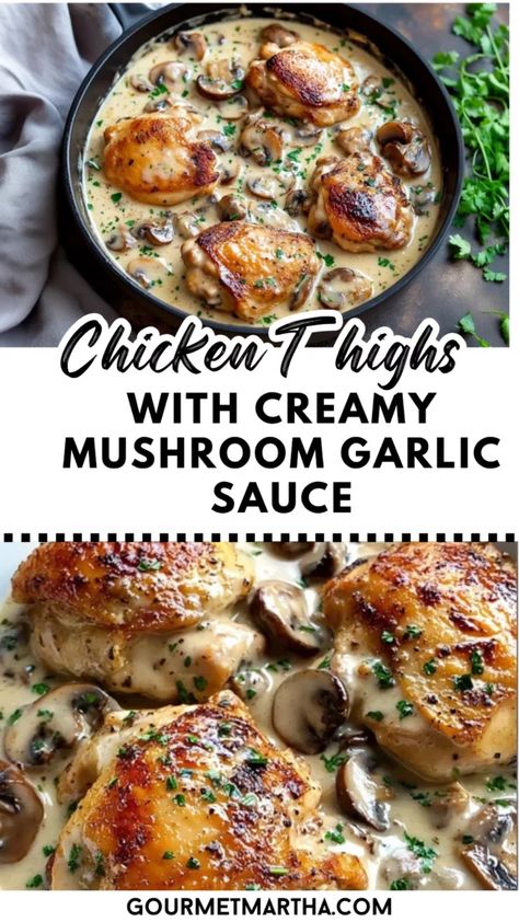 Chicken Thighs with Creamy Mushroom Garlic Sauce Chinese Chicken And Broccoli, Easy Chinese Chicken, Mushroom Garlic, Chicken Thighs Dinner, Chicken Thighs Mushrooms, Sautéed Mushrooms, Pan Recipe, Easy Chicken Thigh Recipes, Broccoli Recipe