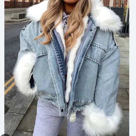 Fur Denim Jacket With Double Zipper, Removable Collar And Removable Cuffs Fur Lined And Super Warm And Oversized Brand New From Boohoo Fur Denim Jacket, Oversized Distressed Denim Jacket, Destroyed Denim Jacket, White Fur Jacket, Fur Jean Jacket, Grey Denim Jacket, Long Denim Jacket, Light Denim Jacket, Red Plaid Skirt