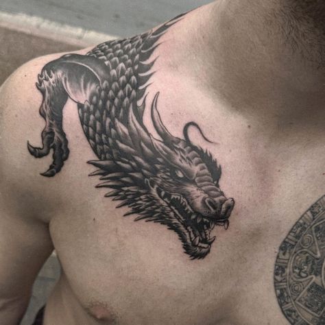 @dbags_tattoo | Start of a V large dragon wrapping round the shoulders down the back gone be sick keen to keep ripping on this one man... | Instagram Dragon Tattoo Shoulder Men, Dragon Back Tattoos Men, Green Man Tattoo, Dragon Tattoo Shoulder, Dragon Tattoos For Men, Large Dragon, Back Tattoos For Guys, Back Tattoos, Dragon Tattoo