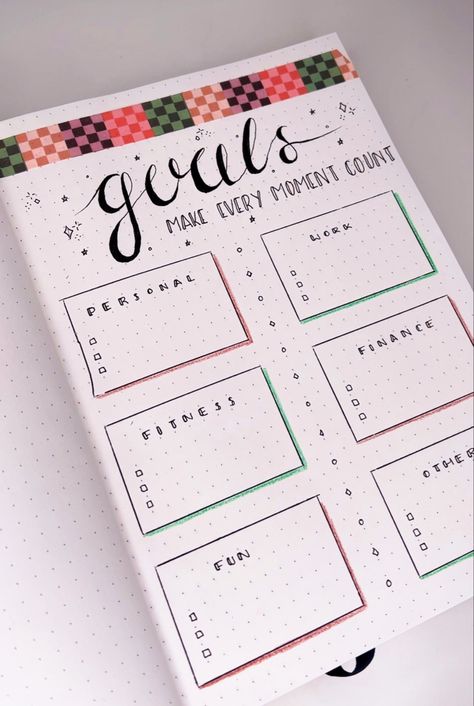 Decorative writing and calligraphy on a dotted notebook Dot Journal Goals Page, Scrapbook Goals And Dreams, Dairy Decoration Ideas New Year, Goals Of 2023, Bujo New Year Page 2023, Bullet Journal Goal Page, Journal Goals Ideas, New Year Journal Ideas 2023, 2023 Goals Journal