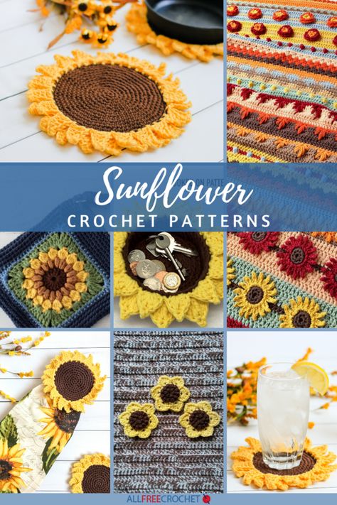 These free easy sunflower crochet patterns include afghans, granny squares, coasters, doilies, accessories...the list goes on! Make a sunflower today! Sunflower Dishcloth Pattern, Free Printable Crochet Patterns, Crochet Top Pattern Free, Printable Crochet Patterns, Top Pattern Free, Sunflower Crochet, Sunflower Crafts, Designer Board, Stitching Ideas