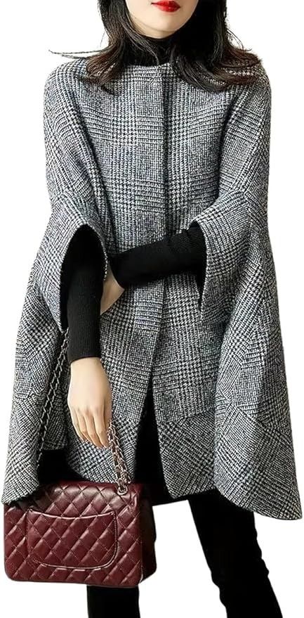 Amazon.com: chouyatou Women's Elegant Plaid Poncho Single Breasted Winter Casual Wool Blend Cape Cloak Coat (Large, Grey) : Clothing, Shoes & Jewelry Grey Clothing, Winter Poncho, Cape Cloak, Plaid Capes, Cloak Coat, Poncho Jacket, Plaid Poncho, Wool Poncho, Wool Peacoat