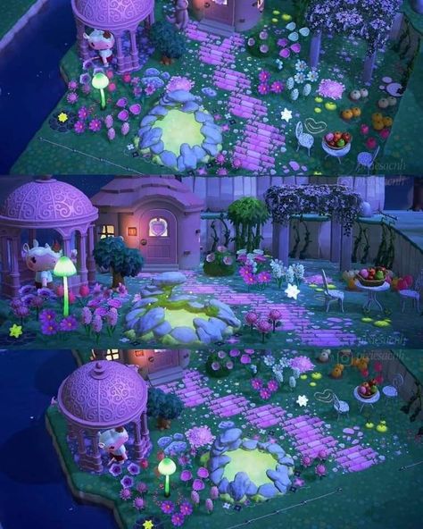 Acnh Villager House Ideas Fairycore, Animal Crossing Fairy Core Entrance, Acnh Entrance Inspiration Fairy, Animal Crossing Island Inspiration Purple, Whimsical Animal Crossing, Pixie Hollow Animal Crossing, Acnh Fairy Island Ideas, Acnh Neighborhood Designs Fairycore, Magic Animal Crossing