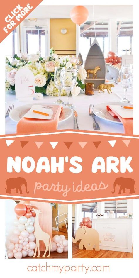 Don't miss this amazing Noah's Ark 1st birthday party! The party decorations are gorgeous! See more party ideas and share yours at CatchMyParty.com Noah’s Ark Birthday Invitation, Noahs Ark Dessert Table, Noah’s Ark First Birthday Party, Noah's Ark Birthday Party Ideas, Noah’s Ark Birthday Theme, Noah’s Ark Party, Noahs Ark Decorations, Animal First Birthday, Noahs Ark Party