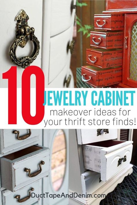 Find any jewelry boxes at the thrift store lately? These 10 jewelry cabinet makeover ideas will make you want to to thrift store shopping this weekend. Come home and update your thrifted haul! Make something old beautiful again. #jewelrycabinetmakeoverideas #ducttapeanddenim #jewelrycabinet #thrifted #thriftstoreshopping #thrifting #thriftstoremakeovers Jewelry Dresser Makeover, Refinishing Jewelry Boxes, Diy Jewelry Armoire Ideas, Upcycled Jewelry Box Diy Ideas, Jewelry Armoire Makeover Diy, Jewelry Box Makeover Diy, Jewelry Cabinet Makeover, Thrift Store Jewelry, Diy Jewelry Cabinet