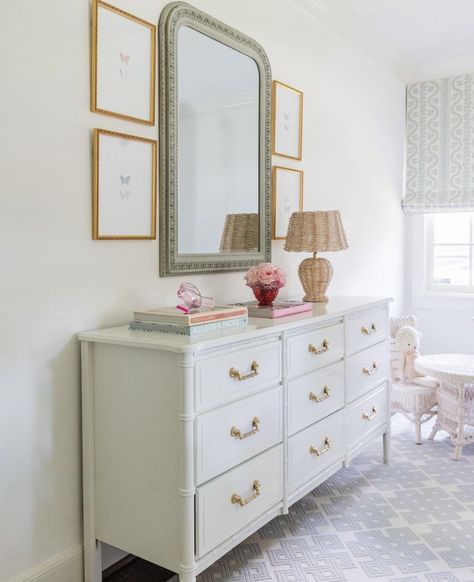 Mirrors In Basement, Nursery Wall Mirror, Haddy House Interiors, Mirror Over Dresser Bedroom, Girls Room Dresser, Dresser Inspo, Nursery Mirror, Townhome Decorating, College Home