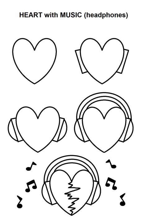 Step-by-step tutorial to draw Hearts with music/headphones. Easy Drawings About Music, Graffiti Doodles Easy Step By Step, Music Doodles Simple, Drawing Ideas Easy Music, How To Draw Headphones, Heart With Headphones, Draw Valentine, Gangsta Drawings, Draw Hearts