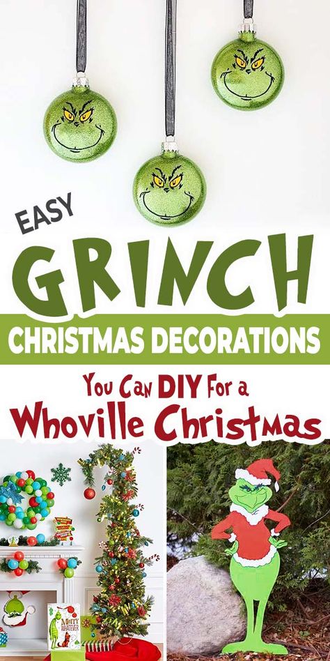 Easy Grinch Christmas Decorations You Can DIY for a Whoville Christmas! • The Budget Decorator Wooden Grinch Tree Diy, Grinch That Stole Christmas Decorations, Grinch Theme House Decorations, Grinch Paper Chain, Whoville Presents Diy, Grinch Diy Decorations Ideas, Who Ville Decorations Diy, Grinch Themed Christmas Decoration For Classroom, Whimsical Grinch Christmas Tree