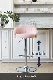 Opulent Velvet Blush Layla Adjustable Chrome Leg Bar Stool Bar Chair Design, Breakfast Bench, Kitchen Breakfast Bar Stools, Stool Bar Chair, Pink Bar Stools, Bar Stool Kitchen, Kitchen Breakfast Bar, Chrome Bar Stools, Kitchen Bar Table