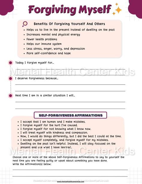 Self-Forgiveness Worksheet – Mental Health Center Kids Self Forgiveness Worksheets, Mental Health Work Activities, Mental Health Group Activities, Counsellors Office, Motivation Topics, Forgiveness Activity, Forgiveness Worksheet, Self Awareness Worksheets, Forgiveness Letter