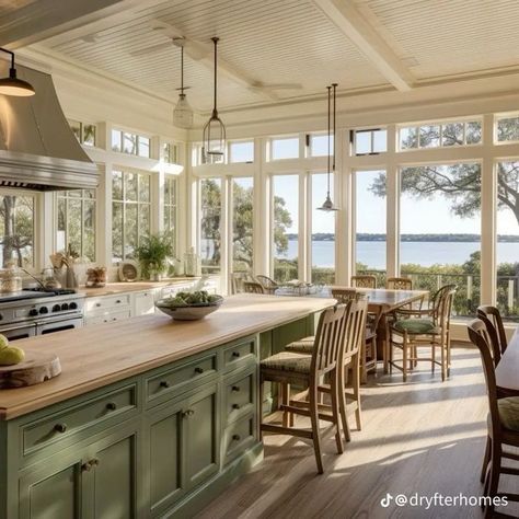 Pretty House Designs, Midwest Home Aesthetic, Kitchen Attached To Sunroom, Cozy Beach House Kitchen, Cottage Style House Interior, Lake House Aesthetic Interior, Big Window Kitchen, Kitchen Ideas Big, Georgia Cottage