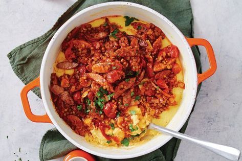 Lentil and chorizo ragu with cheesy polenta Chicken With Polenta, Polenta Bowls, Salmon Linguine, Chorizo Chicken, Mediterranean Lamb, Italian Easter Recipes, Cheesy Polenta, Italian Baked Chicken, Polenta Recipe