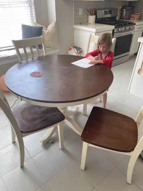 This is my second time using the “Retique It Liquid Wood” product to give a veneer table a lighter wood finish. This stuff is great for adding a layer of real word on any hard surface that is stainable. Because my kitchen table wasn’t real world, I couldn’t just sand it down to get the lighter finish I was desiring. Table BEFORE. This dark cherry wood showed every crumb, smear, and fingerprint. Retique at Liquid Wood is made out of 66% recycled real wood that you can paint on witho… Painting Laminate Table, Retique It Liquid Wood, Weathered Wood Stain, Retique It, Liquid Wood, Painted Table Tops, Kitchen Table Ideas, Refinished Table, Oak Dining Room Table