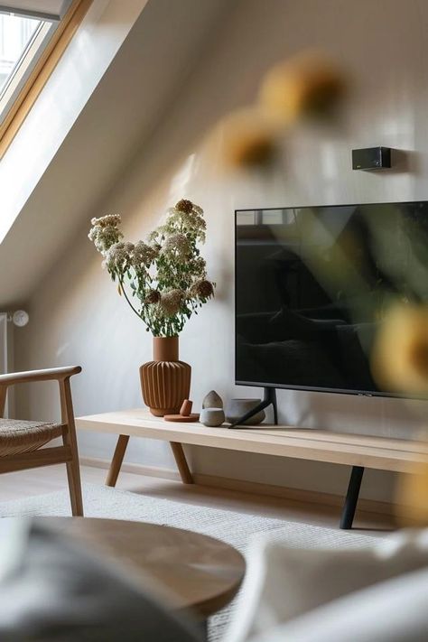 How To Mount A TV On A Slanted Wall: Custom Solutions Small Tv Room, Angled Wall, Tv Mounted, Slanted Walls, Small Tv, Office Tv, Industrial Minimalist, Concept Board, Online Interior Design