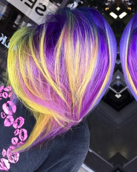 @beyondhairbyhayley  YELLOW neon purple streak dyed hair Yellow Hair Color, Neon Gas, Vivid Hair Color, Scene Girl, Neon Hair, Colourful Hair, Super Hair, Hair Color Purple, Bright Hair