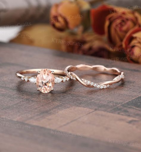 Vintage Rose Gold Engagement Rings, Morganite Engagement Ring Oval, Morganite Ring Set, Rose Gold Moissanite Ring, Rose Gold Morganite Ring, Morganite Engagement Ring Set, Vintage Art Deco Rings, Cute Engagement Rings, Detailed Engagement Ring