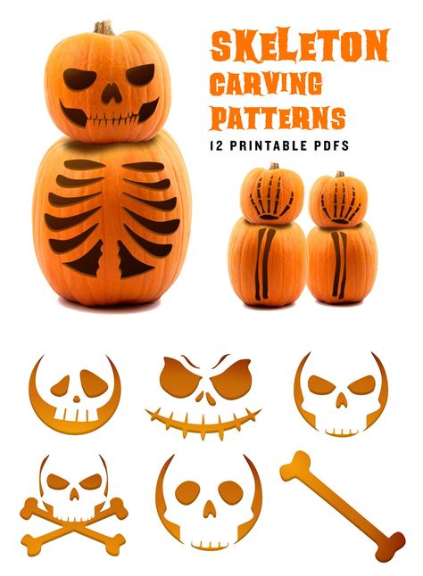 Get into the Halloween spirit with these spooky skeleton pumpkin carving stencils. With 12 easy patterns to choose from, you can create a whole graveyard of jack-o-lanterns. These carving stencils are easy to use, so even the littlest ghouls and goblins can help out. Plus, they're printable, so you can use them again and again. Get ready to rattle some bones! You will get a PDF file that includes: * 1 page of instructions * 1 page of tips to make your pumpkin top-notch * 12 pages of pumpkin patterns Please note that this is a PDF pattern only. The product provided will be a digital download. You will NOT receive any pumpkins, papers, or other physical product. Please let me know if you have any questions and I will get back to you as soon as possible. PDF's can be instantly downloaded foll Skeleton Jack O Lantern, Skeleton Carving Pumpkin, Pumpkin Skeleton Carving, Skeleton Pumpkin Carving Stencil, Pumpkin Carving Ideas Skeleton, Pumpkin Carving Skeleton, Pumpkin Skull Carving, Skeleton Pumpkin Carving, Skull Pumpkin Carving