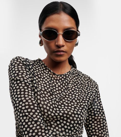 Triomphe oval metal sunglasses in silver - Celine Eyewear | Mytheresa Celine Triomphe Sunglasses Outfit, Celine Triomphe Sunglasses, Celine Eyewear, Spring Knitwear, Spring Sunglasses, Minimal Shoes, Midi Skirt Spring, Celine Triomphe, Metal Sunglasses