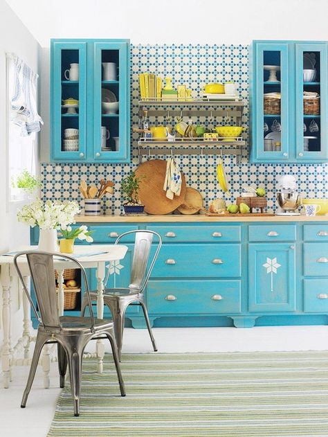 kitchen re-do color. Low Cost Kitchen Cabinets, Ugly Kitchen, Turquoise Room, Turquoise Kitchen, House Of Turquoise, Kitchen Cabinets Makeover, Blue Cabinets, 아파트 인테리어, Yellow Kitchen