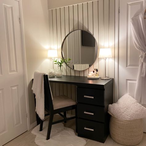 Neutral panelling Black And White Vanity Bedroom, Farrow And Ball Skimming Stone, Bedroom Panelling, Wall Dressing Table, Ikea Malm Drawers, Black Dressing Tables, Malm Drawers, Dressing Table Decor, Skimming Stone