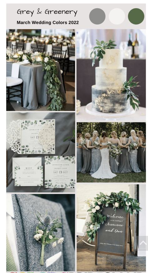 Grey And Sage Wedding Theme, Wedding Color Palette Gray, Grey And Greenery Wedding, Green And Grey Wedding Colors, Gray And White Wedding Theme, Grey Wedding Color Schemes, Green And Gray Wedding Theme, Sage And Gray Wedding, Grey And White Wedding Theme