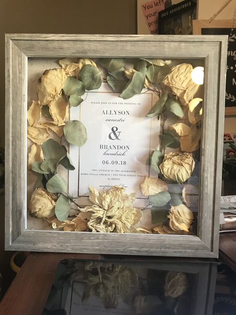 Brides bouquet and wedding invitation used to decorate a shadow box as a 1st anniversary present Wedding Shadow Box, Flower Shadow, Wedding Bouquet Preservation, Flower Shadow Box, Wedding Mementos, Brides Bouquet, Bouquet Preservation, Box Roses, Wedding Scrapbook