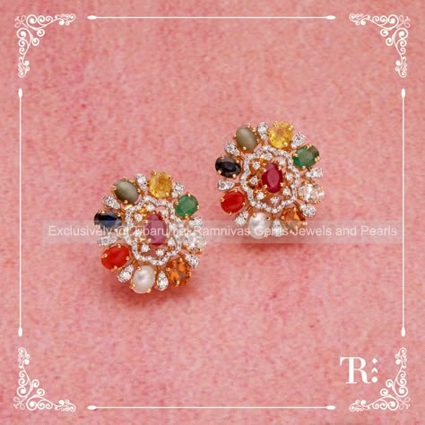 Navratna Earrings Gold, Navarathna Studs, Diamond Tops Earrings, Navratna Earrings, 9 Stone Ring, Navratna Ring, Navratan Jewellery, Navratna Jewellery, Rings For Mom