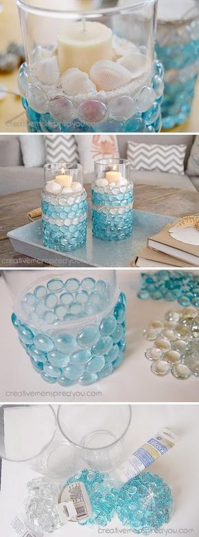 Dollar Store Candle Vases. Diy Ocean Decor, Deco Theme Marin, Candle Vases, Nautical Decor Diy, Dollar Store Candles, Nautical Decorations, Beach Decorations, Deco Marine, Diy Beach Decor