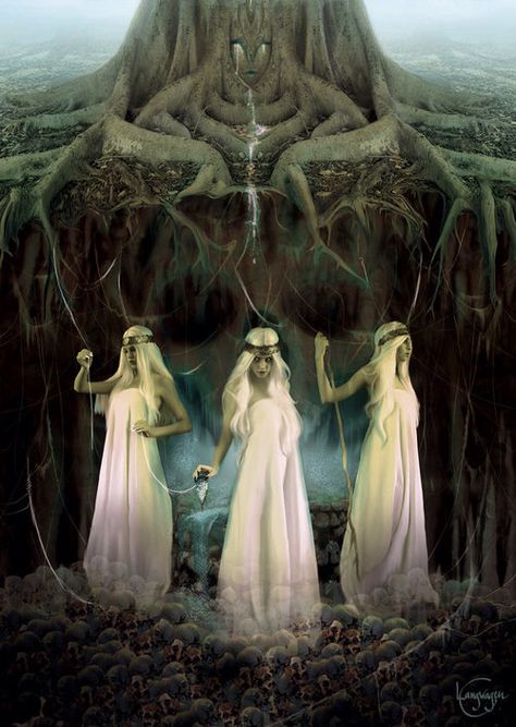 Norns- Norse myth: female beings who rule the destiny of gods and men. Uror, Veroandi, and Skuld come out from a hall standing at the well of fate and they draw water from it and take sand to pour on the branches of Yggdrasil. They were three powerful maiden giantesses. There are many Norns that arrive when someone is born in order to determine its future. There are good and bad Norns who cause good and bad things to happen respectfully. The Norns, Wyrd Sisters, Modern Mythology, Story Development, Norse Legend, Mythical Beings, Norse Goddess, Norse Myth, Norse Pagan