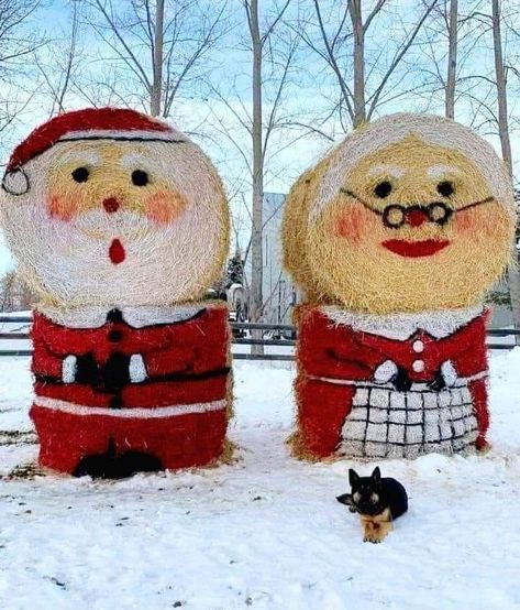 Christmas Hay Bale Decor, Hay Bale Decor, Bail Of Hay, Hay Bale Decorations, Hay Bale Art, Mrs Clause, Santa And Mrs Claus, Party Barn, Hay Bales