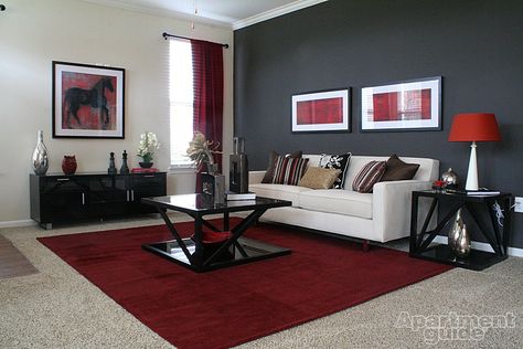 1st Apartment Decor, Red Apartment Decor, Red Decor Ideas, Grey And Red Living Room, Red Living Room Decor, Red Apartment, Burgundy Living Room, Red Living Room, Apartment Decor Ideas