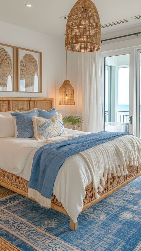 Nancy Meyers Beach House, Tranquil Interior Design, Sea House Interior, Bedroom Inspo Blue, Nancy Meyers Bedroom, Bedroom Coastal Style, Coastal Boho Home, Summer Bedrooms, Summer Bedroom Ideas