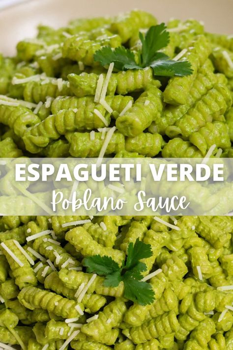 This espagueti verde sauce (green spaghetti sauce) is a creamy, savory Mexican pasta sauce that is absolutely irresistible. This delicious sauce is made with roasted poblano peppers, spinach, onions, Serrano peppers, cilantro, and soaked cashews. The sauce is delicious, savory, a tad bit spicy, and super creamy. It is perfect to toss pasta into but you can also use it as a salsa for tacos, chips, enchiladas, nachos, and so much more! Salsa For Tacos, Cheap Vegan Meal Plan, Mexican Spaghetti, Mexican Pasta, Serrano Peppers, Cheap Vegan Meals, Healthy Vegan Dinner Recipes, Roasted Poblano Peppers, Healthy Mexican Recipes