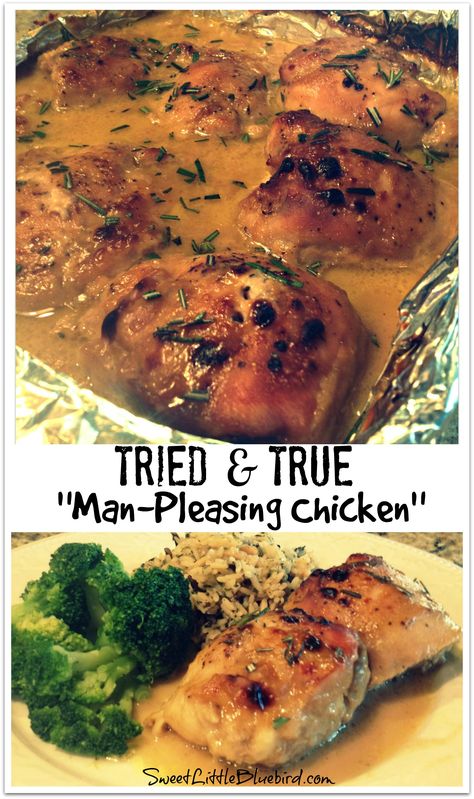 MAPLE DIJON CHICKEN -  Awesome!!! (Also known as Man-Pleasing Chicken, Holy Yum Chicken,  Maple-Mustard Chicken),  New Family Favorite Chicken Dish! Just 4 ingredients for the sauce - mix, pour over the chicken and bake! In under an hour you have a fabulous meal. |  SweetLittleBluebird.com Meals For Men Husband, Man Pleasing Meals, Man Pleasing Chicken Recipe, Man Pleasing Chicken, Holy Yum Chicken, Maple Dijon Chicken, Dijon Sauce, Dijon Chicken, Maple Mustard