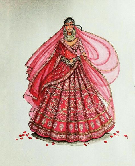 Bridal Lehenga Illustration Sketches, Fashion Illustration Dresses Indian, Indian Fashion Illustration Sketches, Lehenga Sketches, Indian Fashion Illustration, Bride Fashion Illustration, Wedding Dress Illustrations, Fashion Illustration Poses, Fashion Illustration Tutorial