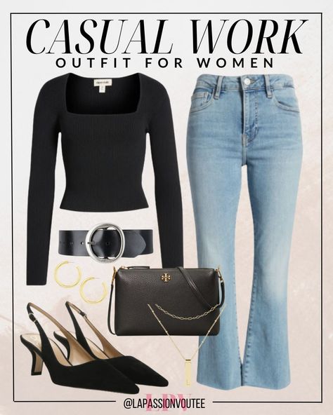 Effortlessly chic: Pair denim jeans with a classic long sleeve top cinched at the waist with a stylish belt. Complete the look with hoop earrings, a sleek crossbody bag, and kitten heel pumps for a polished yet casual vibe that transitions seamlessly from work to after-hours fun.  summer | jeans office wear | women office | spring outfit | summer office wear | women office simple | smart Casual Heels With Jeans, Jeans And Kitten Heels Outfit, Summer Office Wear Women, Kitten Heels Outfit, Casual Heels Outfit, Jeans Heels Outfit, Summer Office Wear, Work Outfit Inspiration, Work Outfit Office