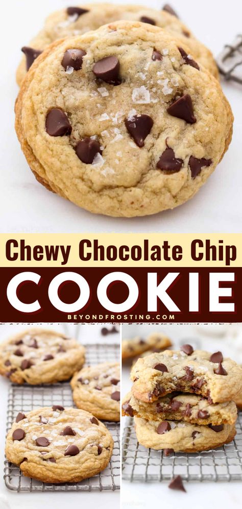 The secret to the ultimate chewy chocolate chip cookies! These chewy cookies are thick, utterly chocolatey, and addictively soft-baked, with buttery edges and a sprinkle of sea salt. Sweet Salty Chocolate Chip Cookies, Chips Ahoy Chewy Cookies Recipe, Sea Salt Chocolate Chip Cookies Recipes, Chocolate Chip Cookies With Sea Salt, Chocolate Chip Cookies Soft And Chewy, Chips Ahoy Cookies Recipes, Chewy Cookie Recipes, Soft Chocolate Chip Cookie Recipe, Salty Chocolate Chip Cookies