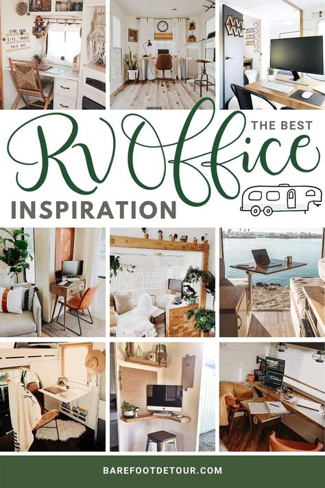 16 Amazing Inspiration pictures of RV office set-ups for digital nomads, check out some tips and gear to get your mobile office set up in your RV. #rvoffice #digitalnomad #rvdesk #smalldesk Rv Office, Renovated Rv, Rv Interior Design, Rv Redo, Trailer Conversion, Bus Living, Bus House, Rv Homes, Rv Makeover