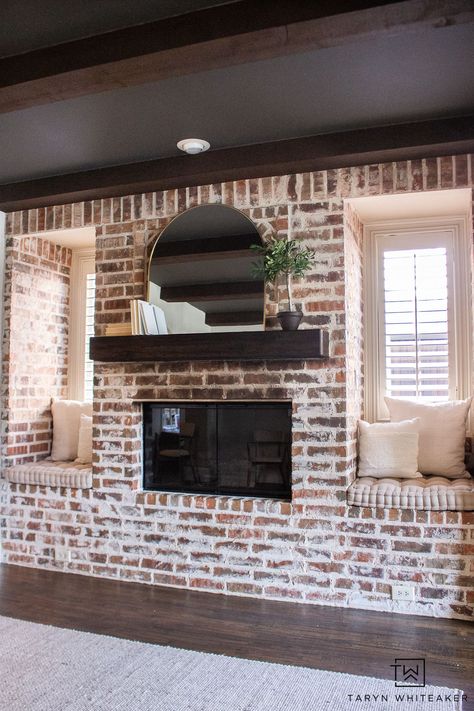 See the before and after of this Modern English Brick Fireplace decorated with soft neutrals and urbane bronze ceiling for a modern look. Rustic Brick Fireplace, Old Brick Fireplace, Brick Fireplace Decor, Vintage Home Decor Eclectic, Urbane Bronze, Red Brick Fireplaces, Country Fireplace, Repurposed Decor, Brick Fireplace Makeover