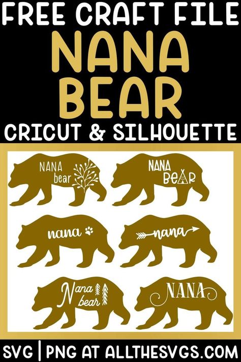 Free GRANDMA NANA BEAR SVG FILES for Cricut Design Space, Maker, Explore Air, Silhouette Studio, Cameo, Portrait Wild woodland bear family black animal silhouette popular on Etsy | knockout font text | cute cursive with paw print, vintage caps, skinny handwritten with spring floral flower, boho tribal arrow script. DIY craft designs for HTV iron on t shirt onesie, vinyl decal for coffee mug, tumbler, water bottle, home decor wall art, wood sign Text Cute, Bottle Home Decor, Pretty Wall Art, Bear Svg, Woodland Bear, Making Signs On Wood, Bear Silhouette, Brother Bear, Momma Bear