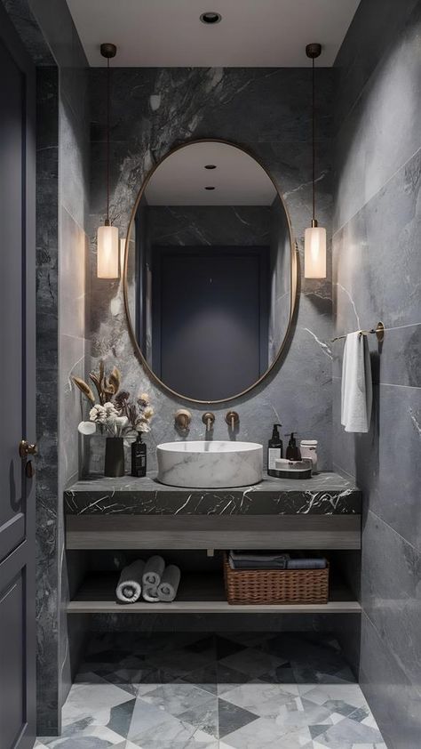 Modern Bathroom Design Dark, Luxury Powder Room Design Modern, Light Bathroom Ideas, Bathroom 2025, Half Bathroom Wallpaper, Modern Eclectic Bathroom, Small Half Bathrooms, Color Schemes Bathroom, Closet Organization Bathroom