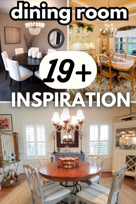 An image split into two sections displaying different dining room inspirations. The top left showcases a modern dining area with a round black table, white chairs, and a contemporary chandelier. The top right features an elegant, light-filled space with an ornate wooden dining table and decorative hutch. The bottom left presents a well-lit room with a round table and matching chairs, accented by floral decor. The bottom right displays a stylish dining setup with a round table, a vibrant Large Dining Table Centerpiece, Room Ideas Table, Pictures For Dining Room, Coastal Dining Room Ideas, Dining Room Lighting Ideas, Modern Dining Room Lighting, Dining Room Decor Ideas, Coastal Dining Room, Coastal Dining