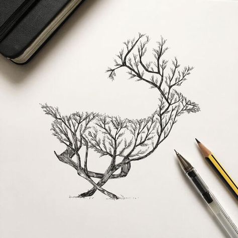 Poetic Illustrations Depict Magic Scene That Trees Sprout Into Animal Shapes Alfred Basha, Deer Tattoos, Deer Tattoo, Pen Illustration, Deer Art, Pen Sketch, Art Tattoos, Illusion Art, Bird Drawings